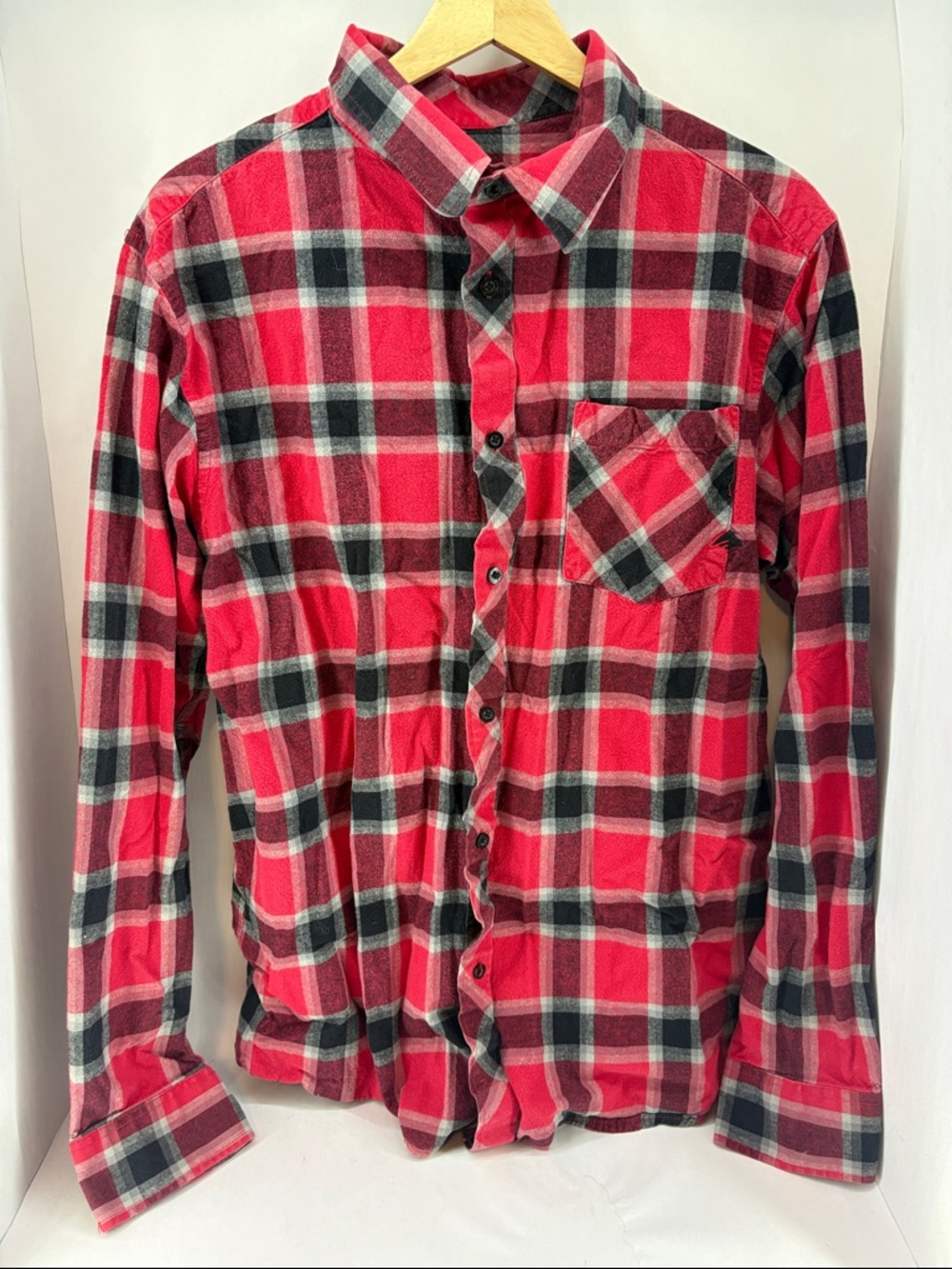 Red and Black Plaid Button-Down Shirt with White Accents